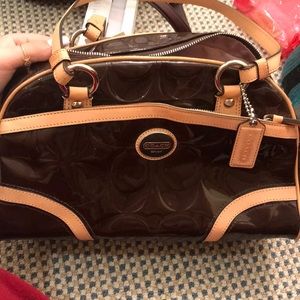 Brown Shiny Coach Purse with Pink Interior